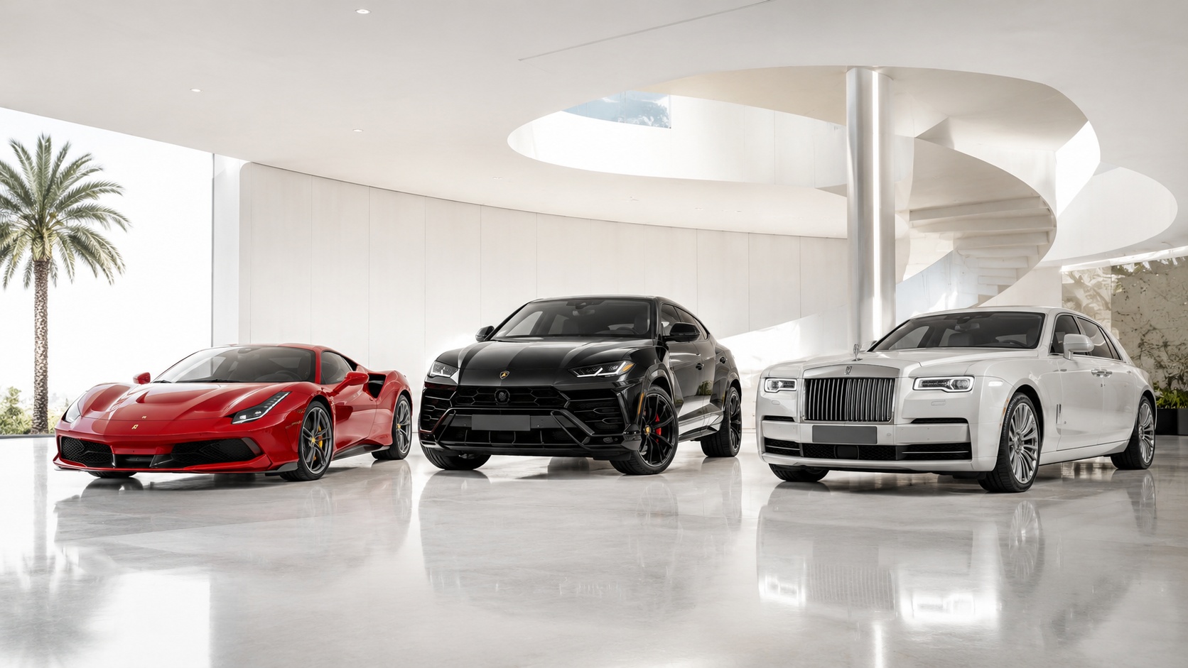 Premium supercar, performance SUV and ultra-luxury saloon displayed in a bright modern showroom